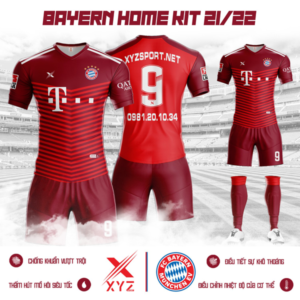 Mẫu áo đấu Bayern Munich sân nhà mùa giải 2021 - 2022 màu đỏ đô