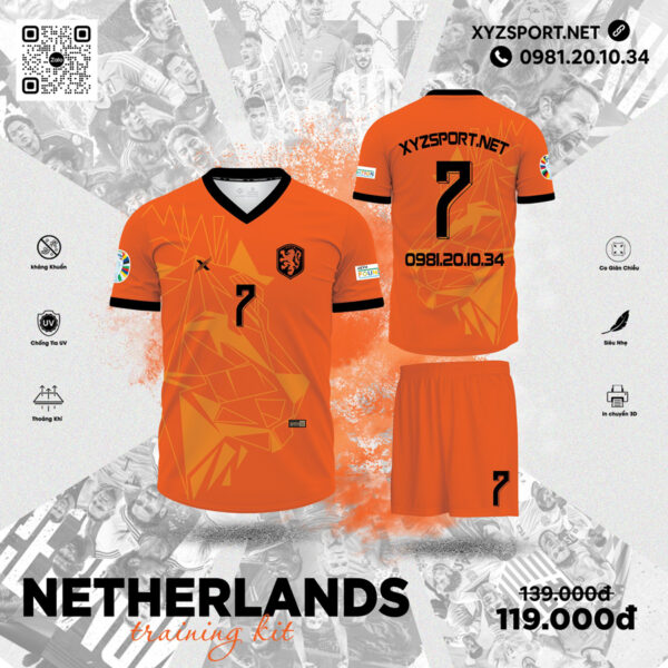 Bộ Áo Đấu Thể Thao Netherlands Training Kit Màu Cam Rực Rỡ